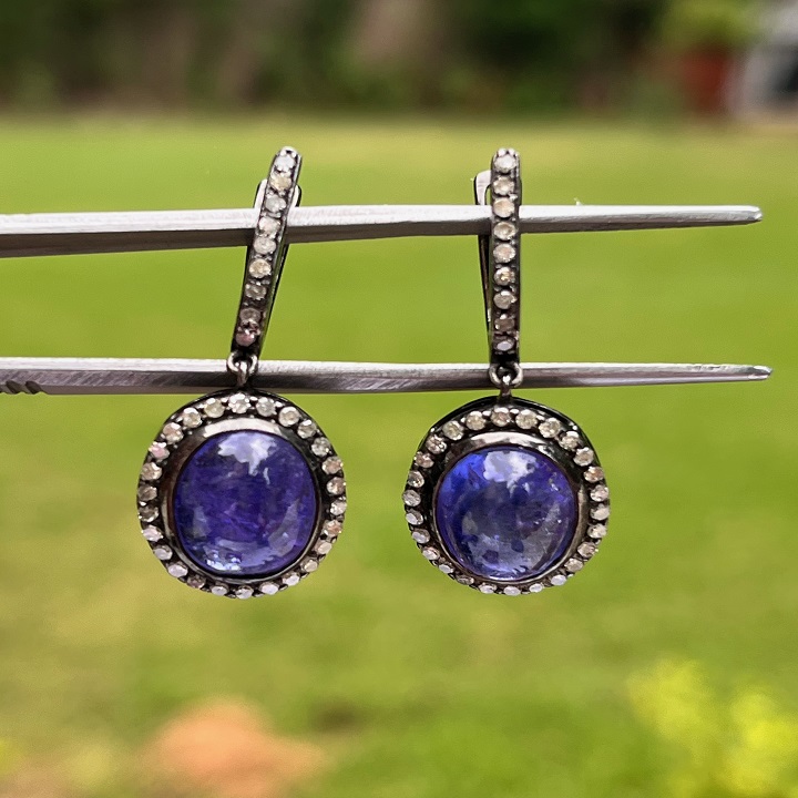 December Birthstone | Natural Tanzanite Gemstone Silver Earring with Diamond | 925 Sterling Silver Earring ||