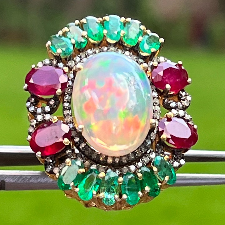 Natural Victorian Gemstone Ring | Opal, Emerald and Ruby | Handmade Silver Ring with Diamonds 