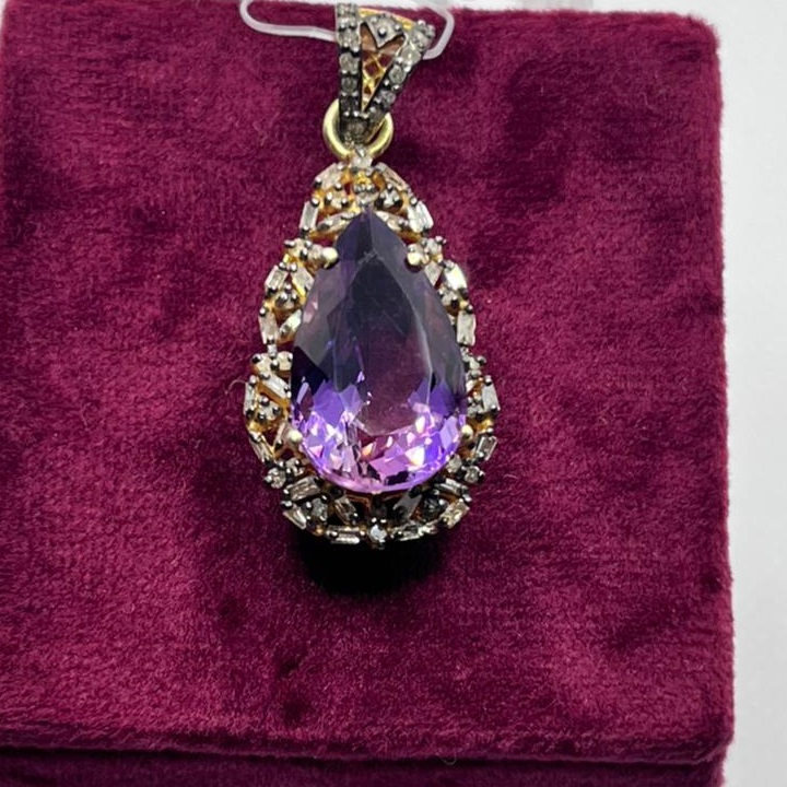 Natural Purple Amethyst Stone 925 Sterling Silver Pendant with Diamonds | Charming Teardrop Handmade Pendant Jewelry |