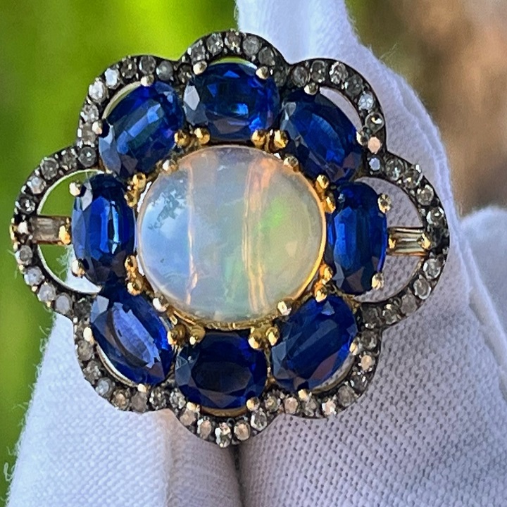 Two in One Gemstone | Natural Opal and Blue Sapphire Gemstone | Silver Ring with Diamonds | Handmade Jewelry Ring |