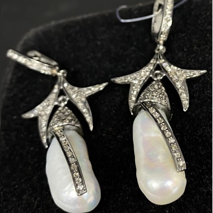 Victorian Design Natural Mother Opal Earring with Diamond | Sterling Silver Earrings | Charming Dangle Earrings |