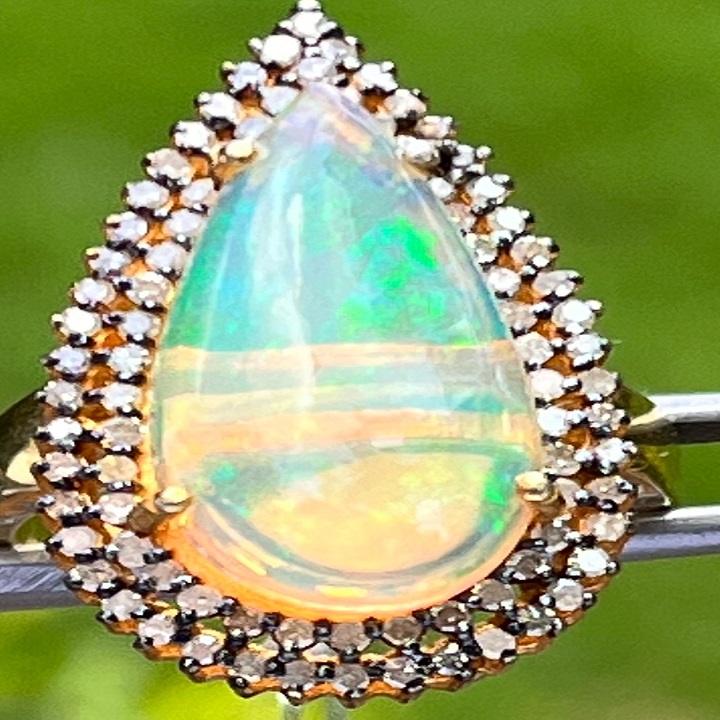 Ethiopian Opal Gemstone Ring with Diamond | Pear Shape Ring Jewelry | Handmade Item | Classic Silver Stone Ring |