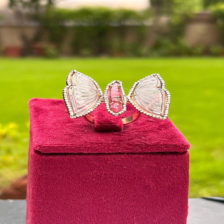 Butterfly Design | Natural Pink Tourmaline Gemstone 92.5 Silver Ring with Diamond | Classic Design Handmade Ring |